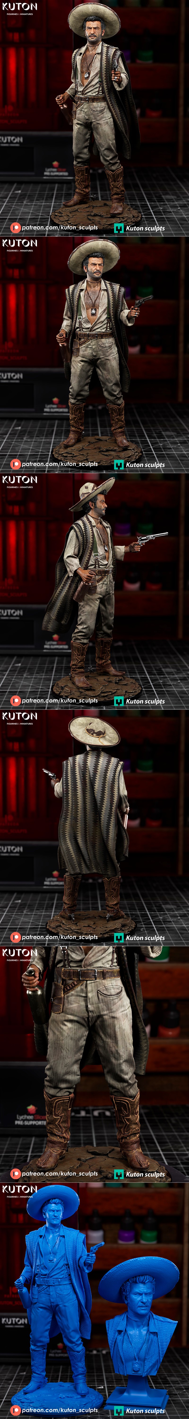 Tuco Ramirez 3D model figure wearing a sombrero, poncho, and suspenders, holding a revolver and a bottle. Detailed sc...