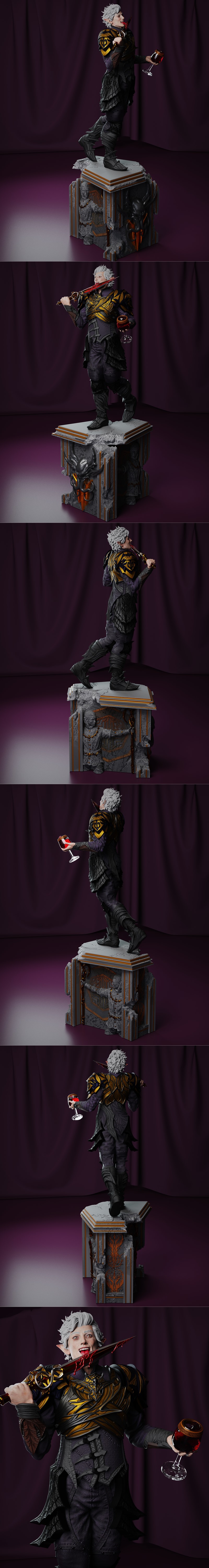 Astarion Ancunin from Baldur's Gate 3, a 3D figure by Castro 3D, stands on a stone pedestal with demonic carvings. He...
