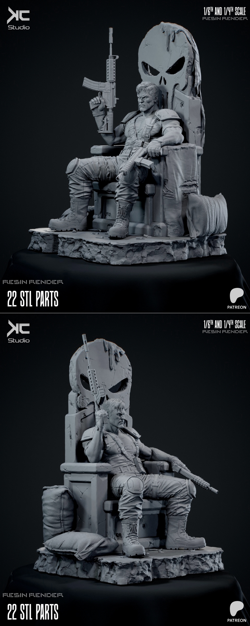 KC Studio 3D model of the Punisher, a muscular man with skull face paint, seated with two assault rifles, wearing tac...