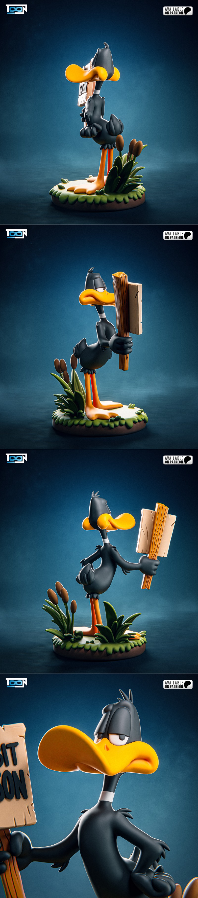 Daffy Duck figure holding a "Wabbit Season" sign, standing on a grassy base with cattails. Stylized cartoon...