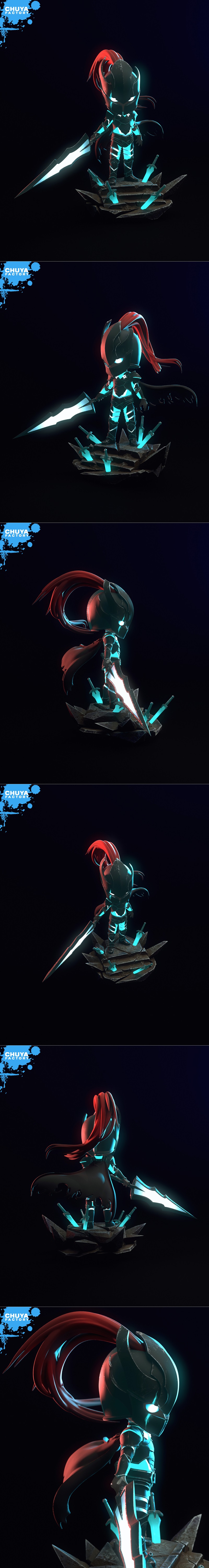 Chibi Igris from Solo Leveling in dark armor with a red cape and glowing blue eyes, holding a sword, presented by Chu...