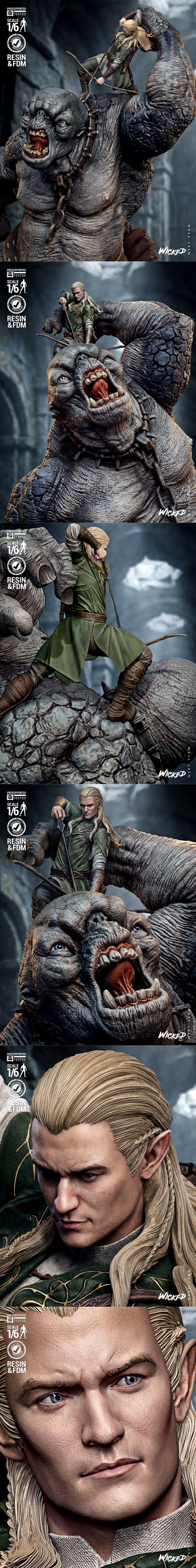 Legolas the elf archer aims his bow from atop a large, roaring troll wielding a mace, set on a diorama base with skul...