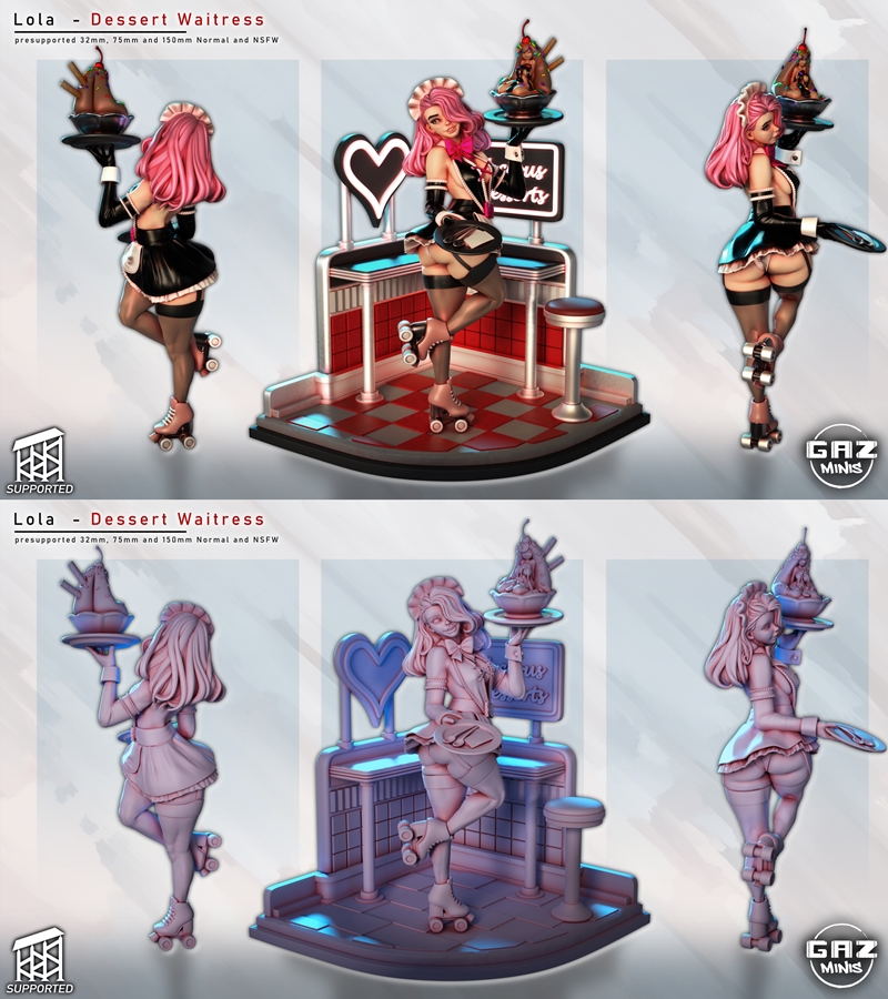 Stylized 3D model of Lola, a dessert waitress with pink hair, wearing a revealing maid outfit and roller skates, hold...