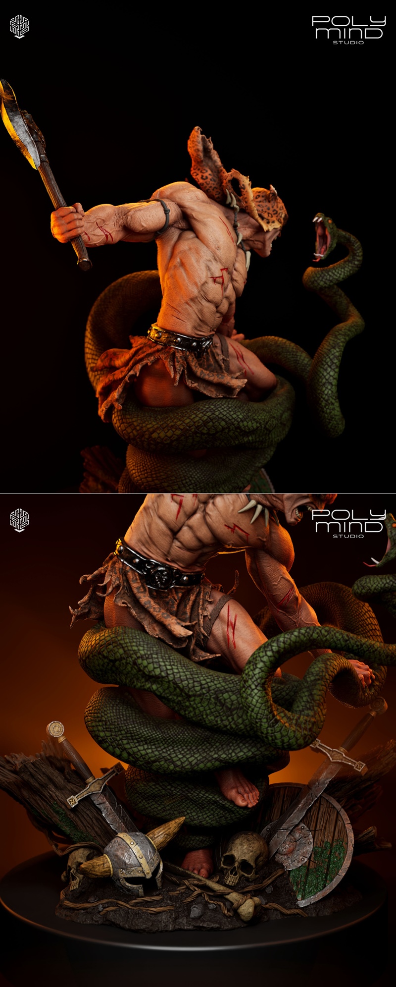 Muscular Jaguar God figure with horns and axe fighting a coiled snake, on a base with helmet and skull. PolyMind Stud...