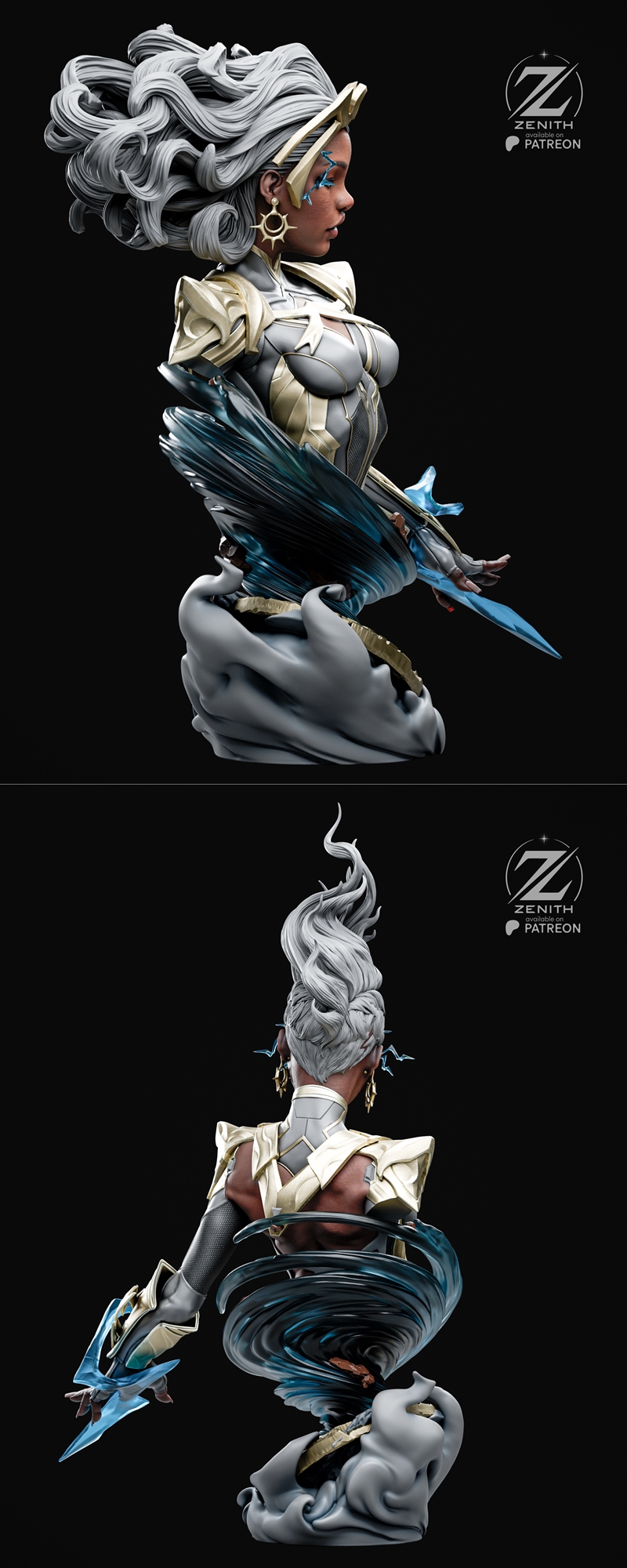 Zenith Studios Storm bust 3D model, featuring white curly hair, golden headdress, grey and gold armor, and swirling b...