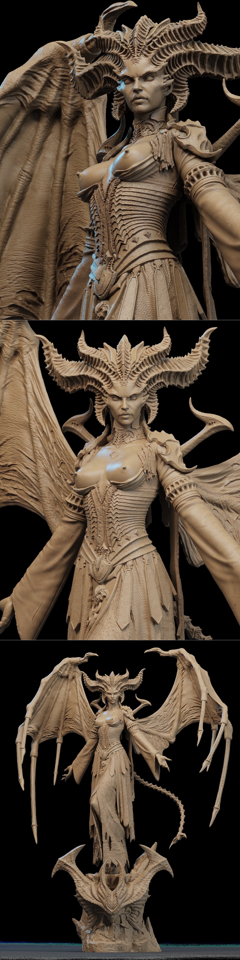 Detailed 3D model of Lilith from Diablo, featuring large, ornate horns, textured wings, and a revealing, armor-like c...
