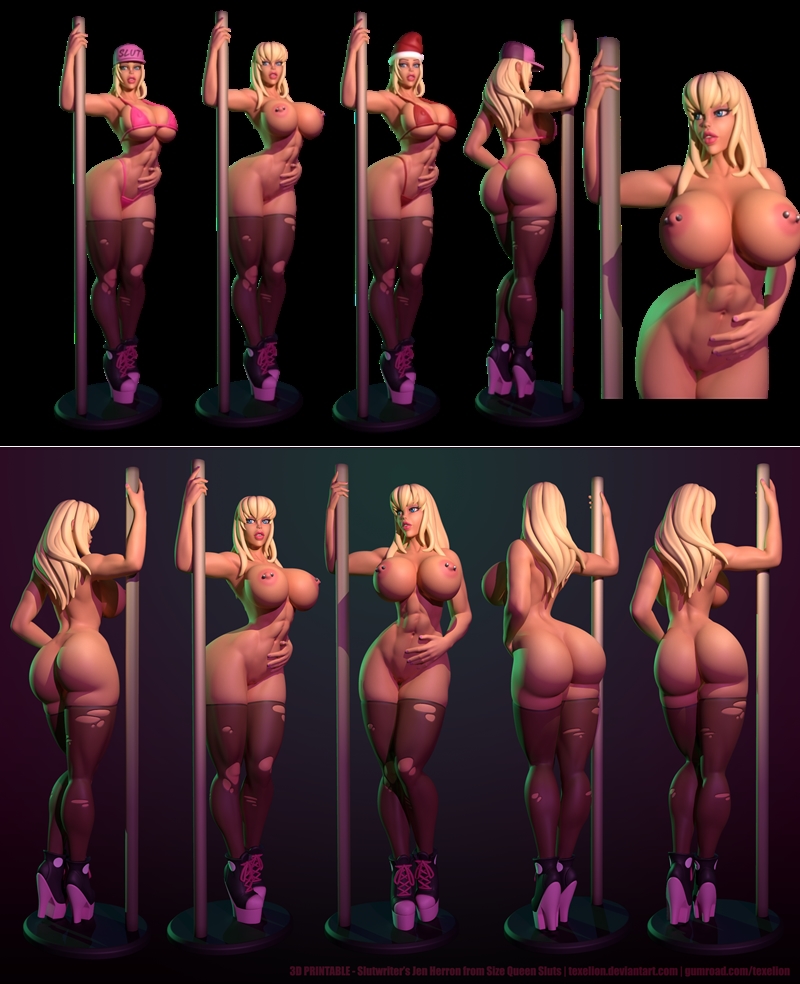 Three variants of a blonde female stripper character, "Stripper Jen," posed around a pole. Outfits include...