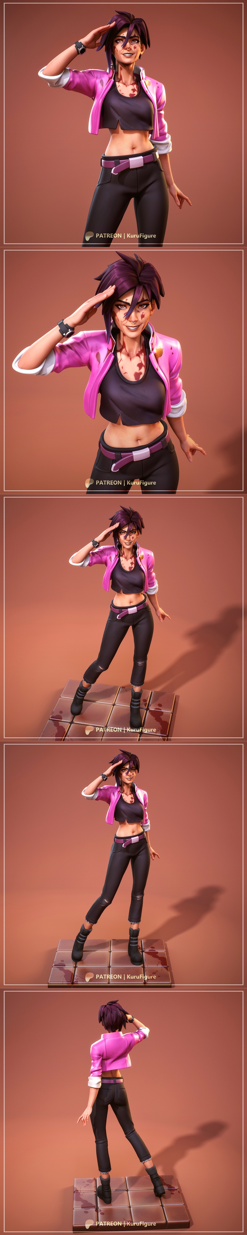 3D model of Invisigal from Dispatch, a woman in a pink jacket, black ripped jeans, and boots, saluting.