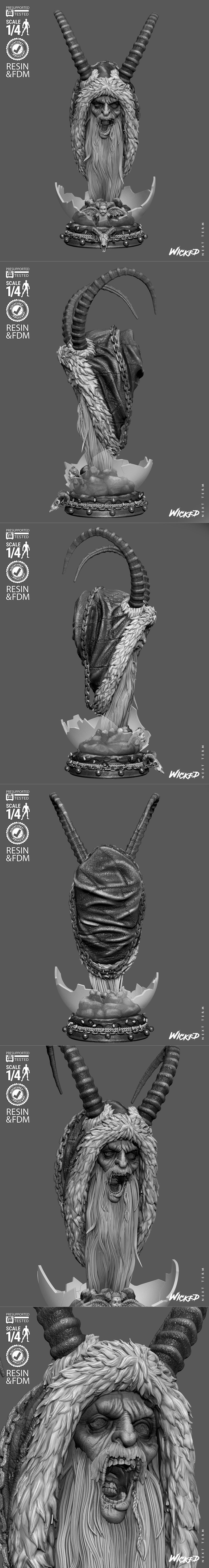 Krampus portrait bust with large horns, emerging from a cracked egg on a detailed base with a cherub and skulls. Stud...