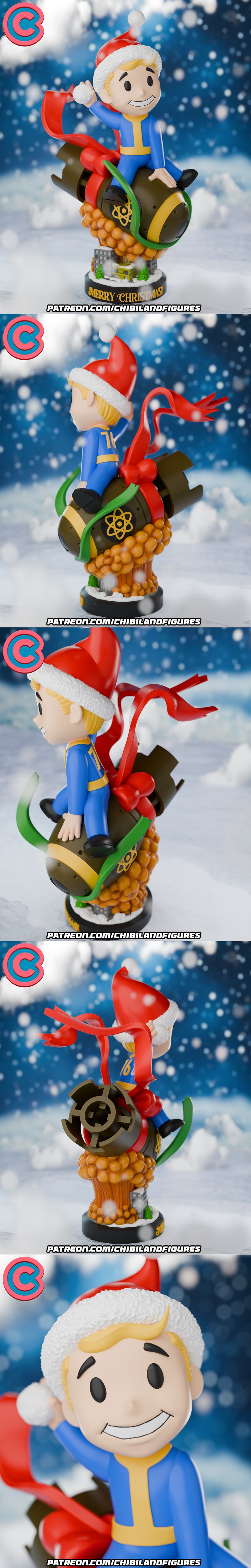 Chibi Vault Boy figure wearing a Santa hat, riding a bomb with a red ribbon, on a snowy base with a cityscape.