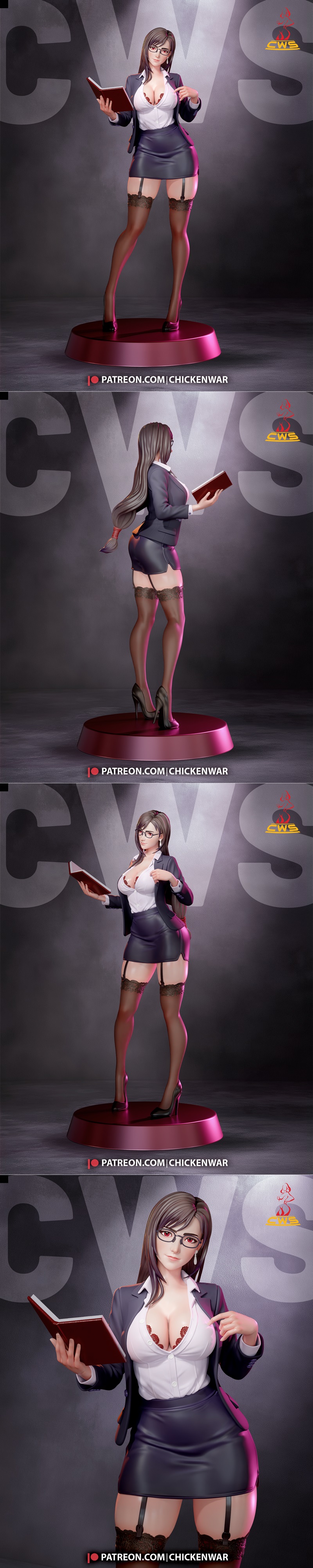 3D model of Tifa Lockhart from Final Fantasy, wearing glasses, a blazer, unbuttoned shirt, short skirt, and stockings...
