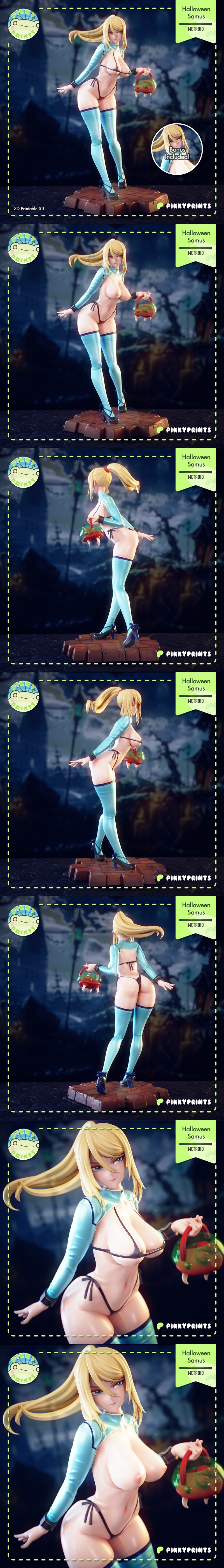 Samus Aran in a revealing Halloween costume, holding a candy bucket, 3D model by Pikky Prints.