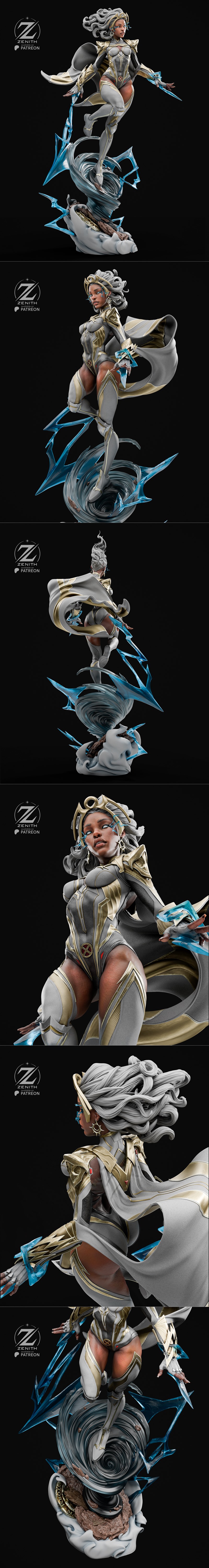 Zenith Studios 3D model of Storm in a grey and gold armored bodysuit, with a white cape, generating blue lightning fr...
