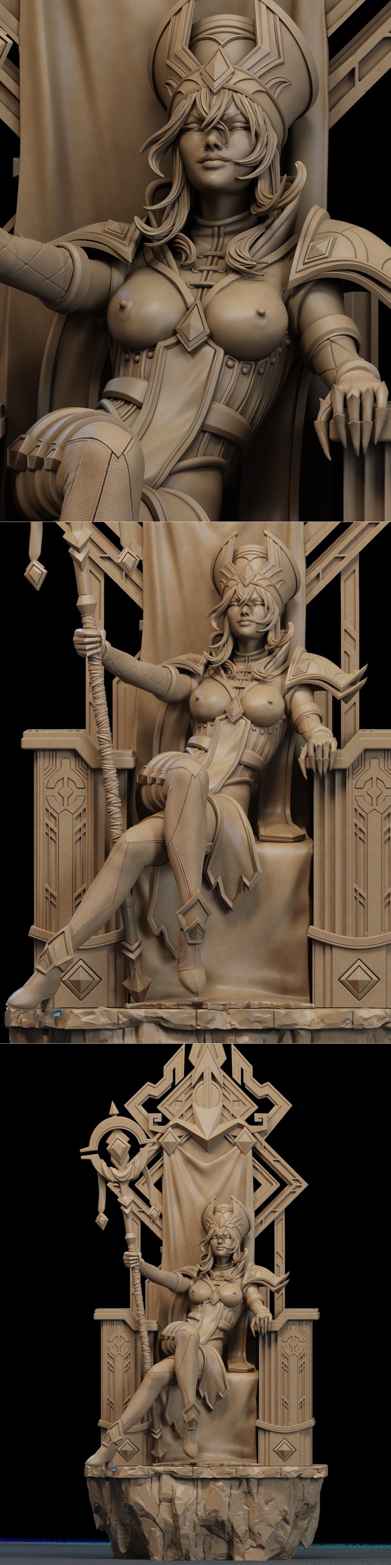 Sally Whitemane 3D model, seated on a throne, wearing ornate armor with exposed chest, detailed hair and headdress, f...