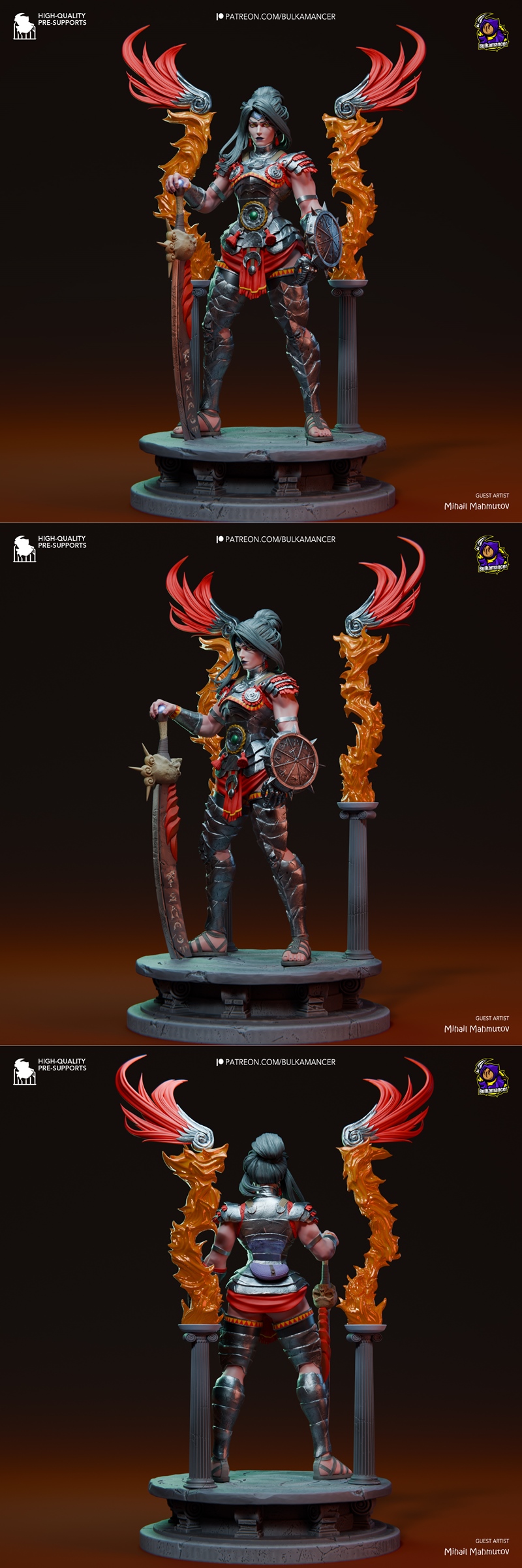 Nemesis from Hades II, a female warrior in detailed silver and red armor with large red wings, holding a sword and sh...