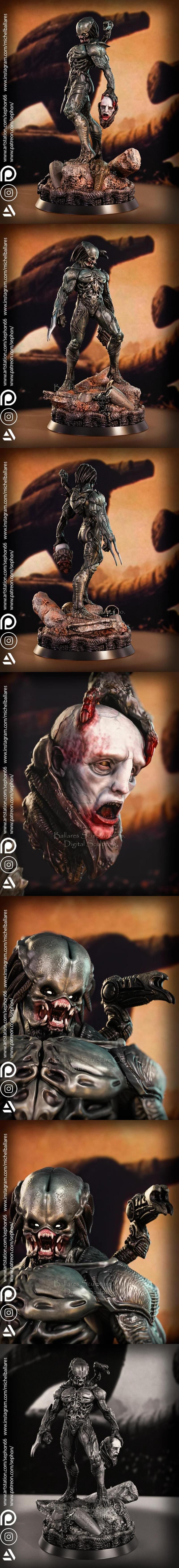 Predator-inspired Ancestral Engineer Hunter figure holding a severed human head, standing on a rocky base with alien...