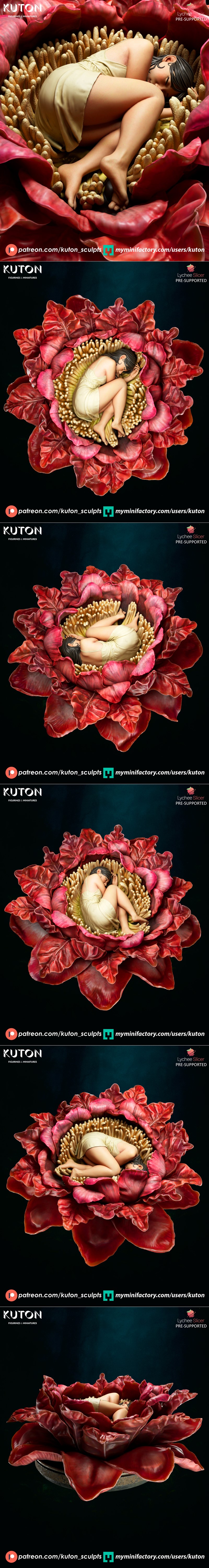 Serene female figure named Himlay sleeping curled up inside a large, detailed red and yellow flower. She wears a simp...