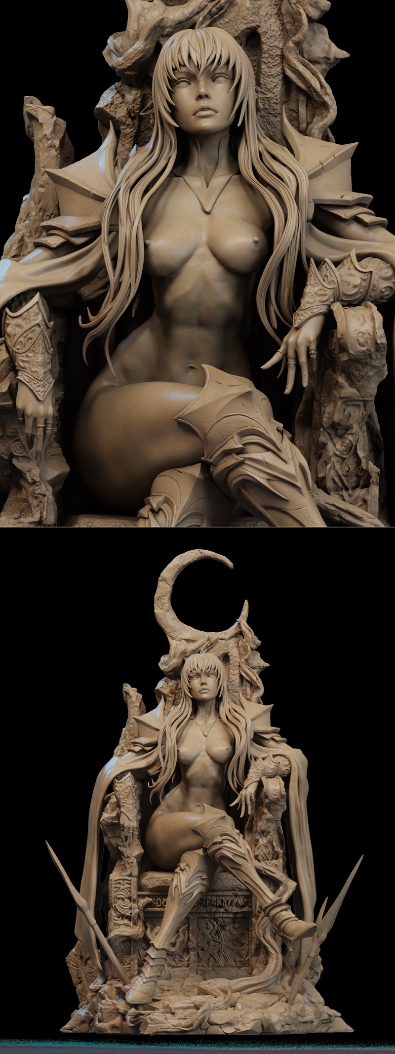 Female figure with long flowing hair, wearing ornate armor on her arms and legs, seated on a rocky throne. The figure...