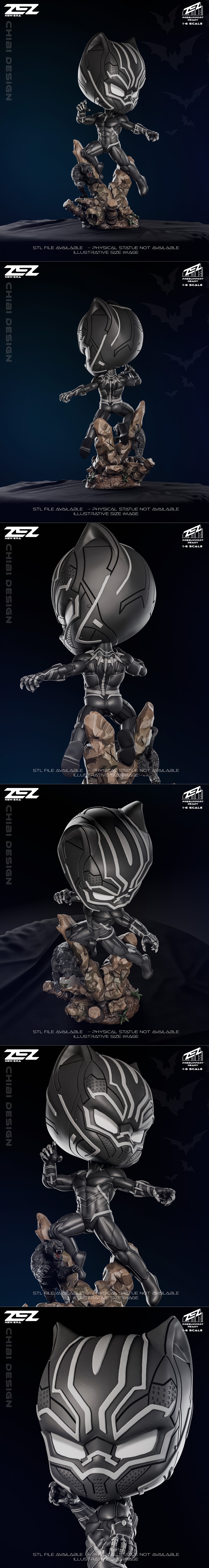 Chibi Black Panther figure in a dynamic leaping pose on a rocky base with a smaller panther, ZEZ Studio 1:6 scale 3D...