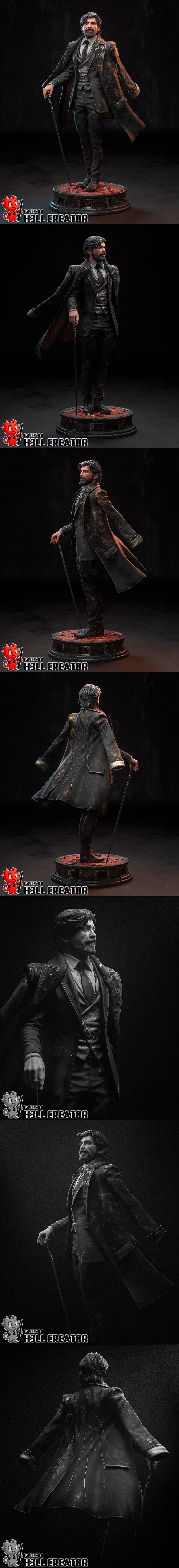 3D model of Renoir, a distinguished gentleman in a Victorian suit holding a cane, with a gothic building in the backg...