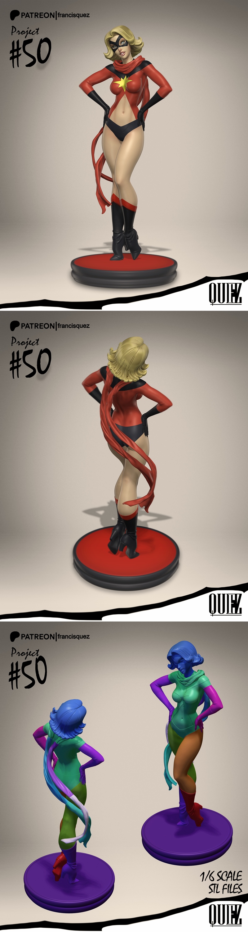 1/6 scale 3D model of Ms. Marvel in a red and black costume with a yellow star, inspired by J. Scott Campbell's art s...