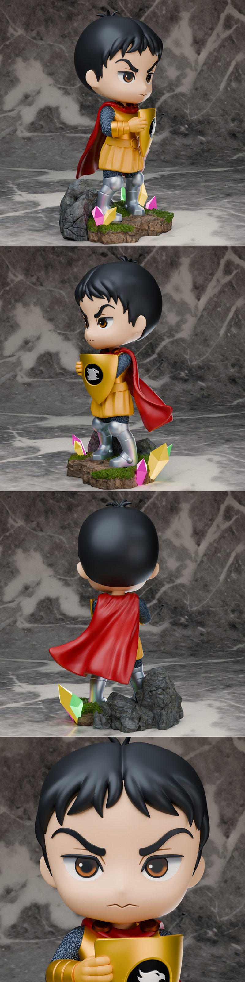 Chibi figure of Eric, a young knight with a golden shield, red cape, and armor, standing on a crystal-adorned rocky b...