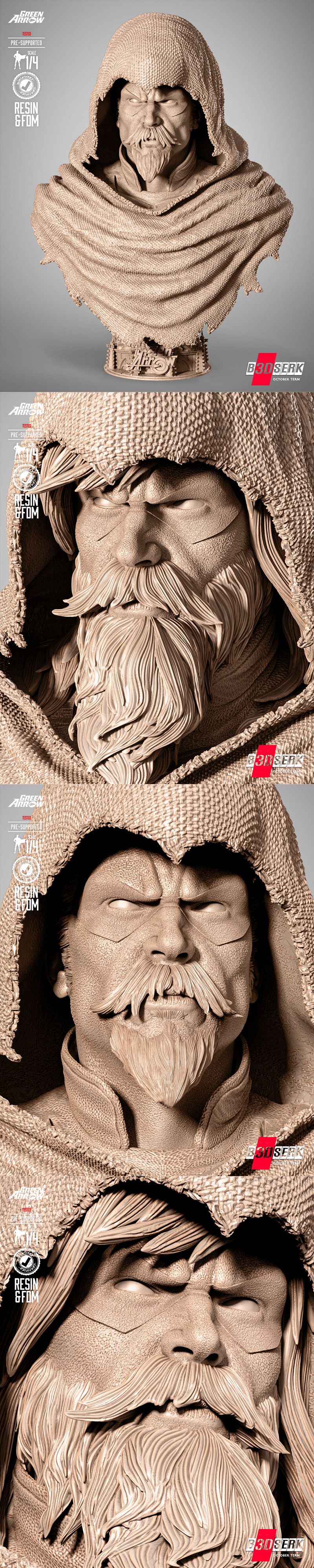 B3dserk 1/4 scale bust of Green Arrow as a vampire hunter, wearing a textured hood and cloak, with a detailed beard a...