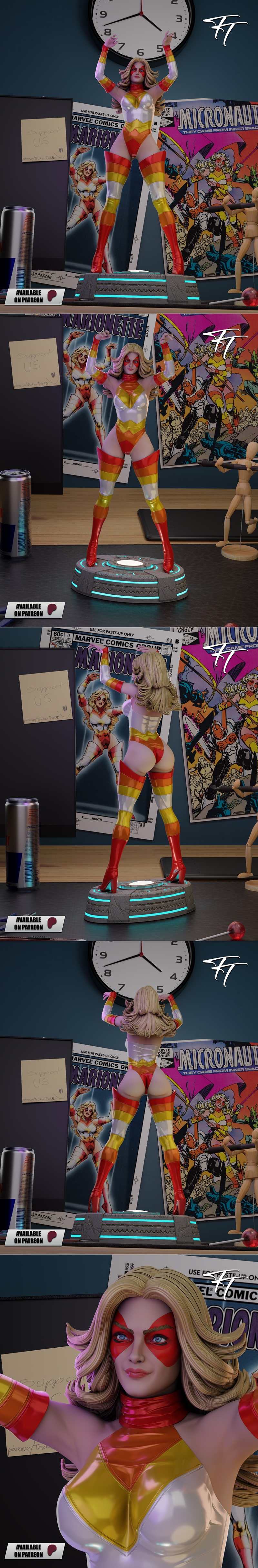 3D model figure of Marionette from Micronauts, in a heroic pose on a glowing base, with vintage comic book covers in...