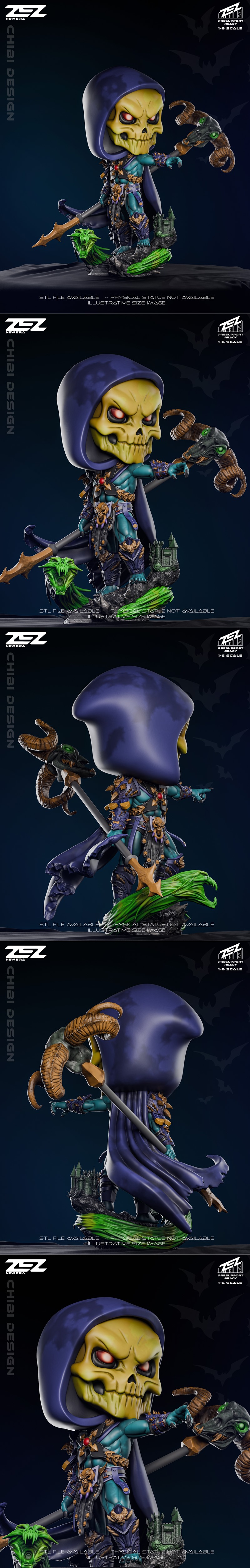 Chibi Skeletor figure from ZEZ Studio, pointing forward with a skull face, purple hood, and detailed armor, standing...