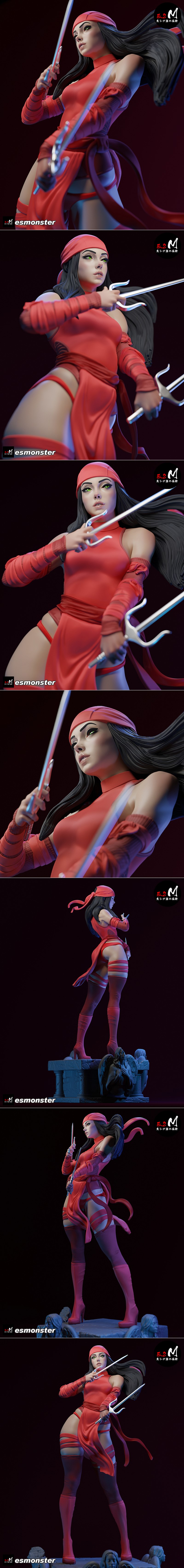 Elektra figure in red ninja outfit holding twin sais, detailed sculpt by E.S Monster.
