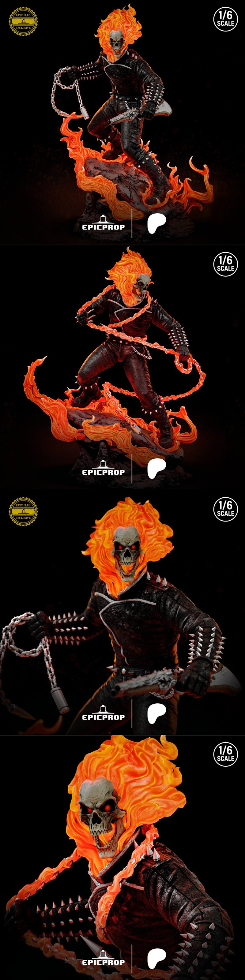 1:6 scale 3D print model of Ghost Rider, wreathed in flames, wielding burning chains, standing on a fiery base.