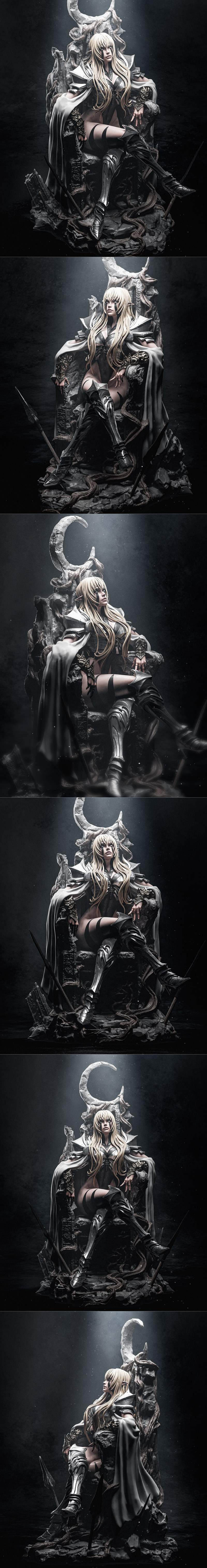 The Underworld's Grand Matriarch figure seated on a throne, wearing ornate armor and a white cape. Long blonde hair,...