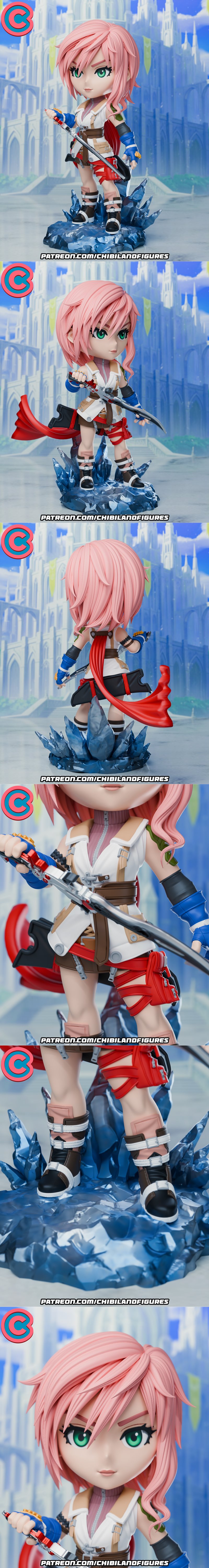 Chibi figure of Lightning from Final Fantasy, holding a sword, with pink hair and green eyes, standing on an icy base...