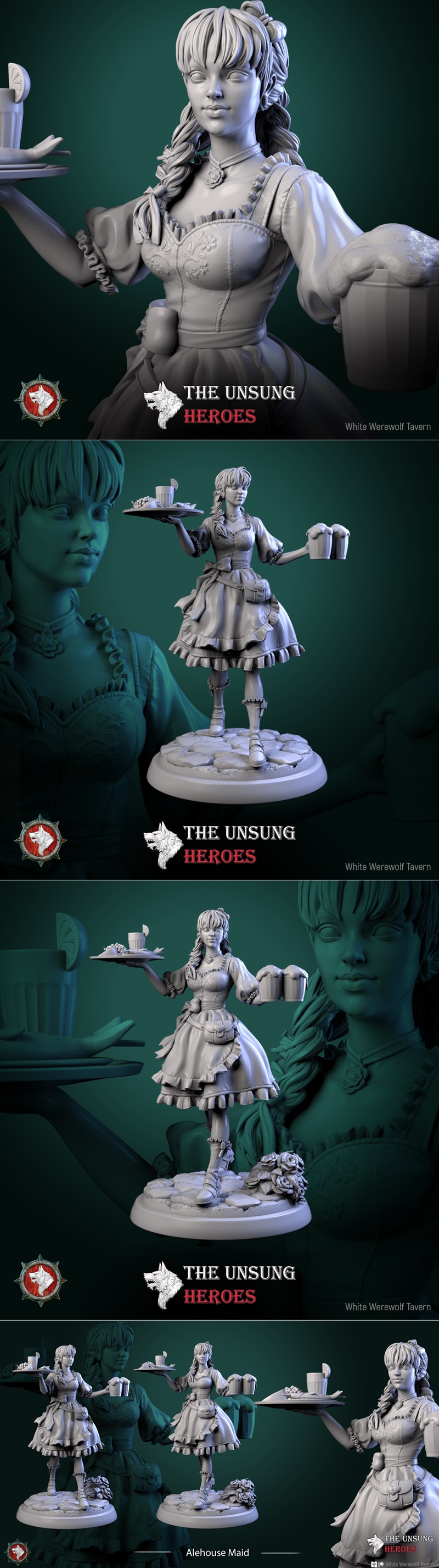 3D model of an alehouse maid in a ruffled dress holding trays of drinks and mugs of beer, standing on a cobblestone b...