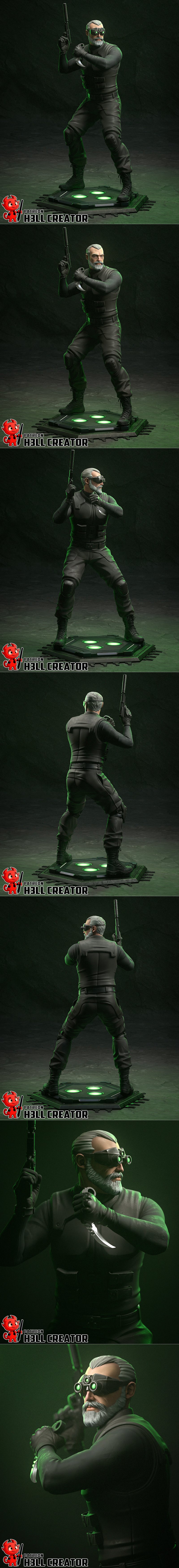 Sam Fisher from Splinter Cell, wearing night vision goggles and tactical gear, holding a karambit knife and a silence...