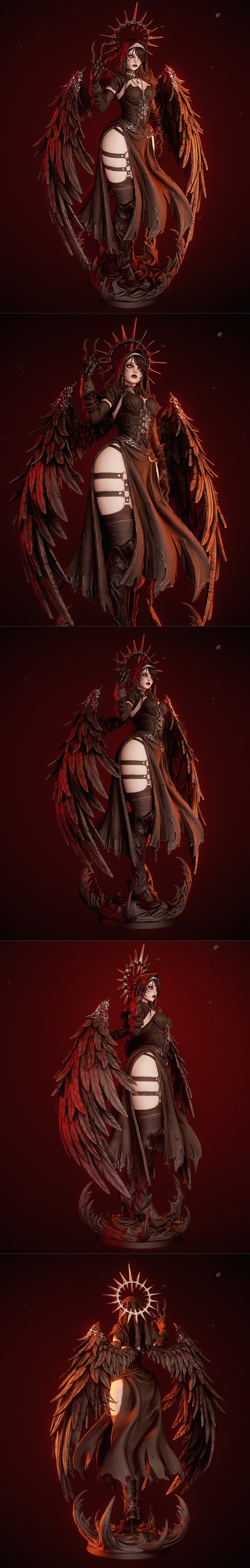 Corrupted Nun 3D model by CA 3D Studios, featuring black feathered wings, a spiky halo, corset, tattered skirt, and t...