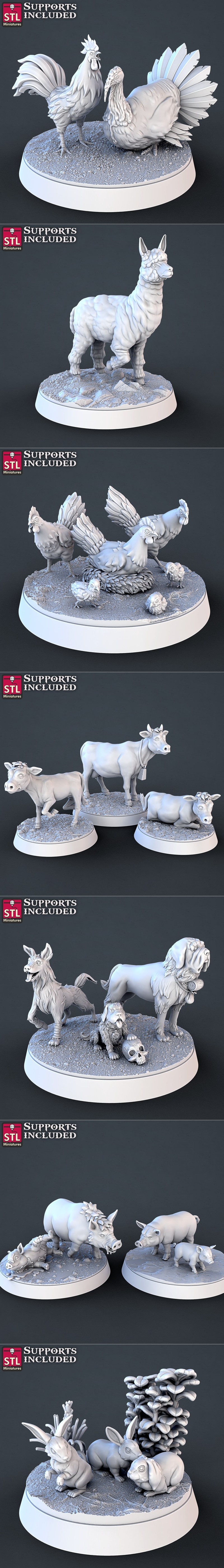 Collection of farm animal miniatures including cows, pigs, chickens, a turkey, a goat, a bull, dogs, and rabbits, all...