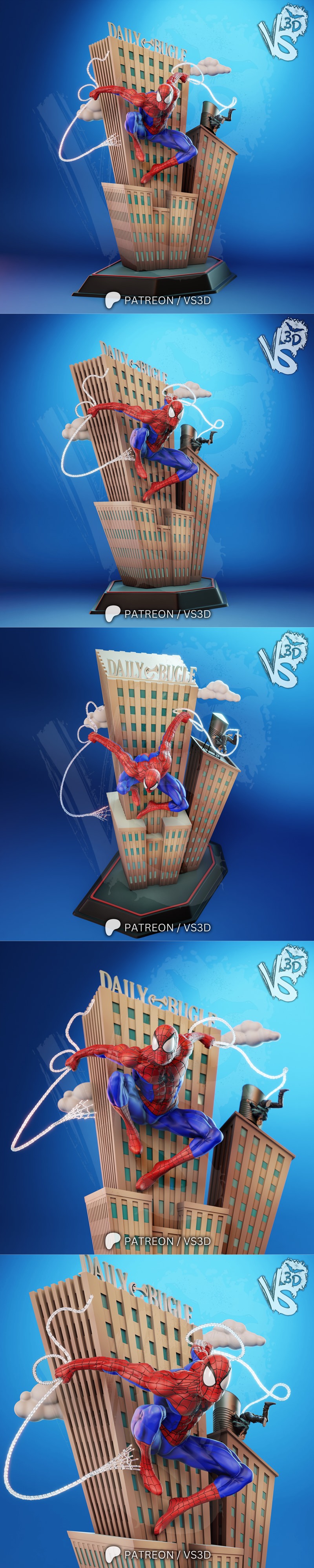 VS3D TAS Spider-Man 3D model figure in dynamic web-slinging pose atop city buildings, with webs and clouds.