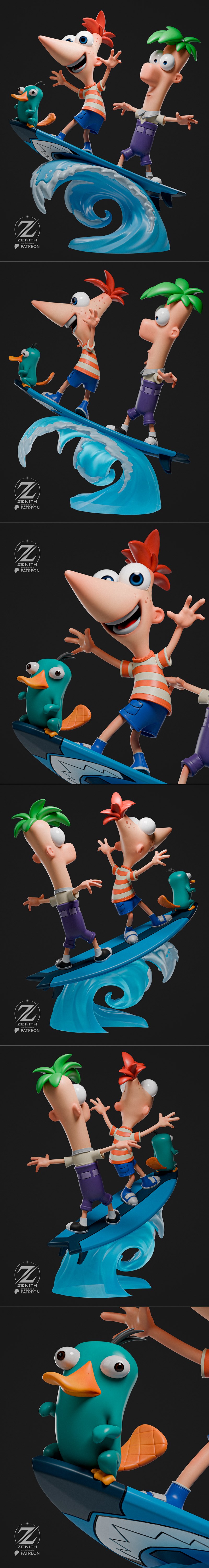 3D model of Phineas and Ferb surfing on a blue wave with Perry the Platypus, designed by Zenith Studios.