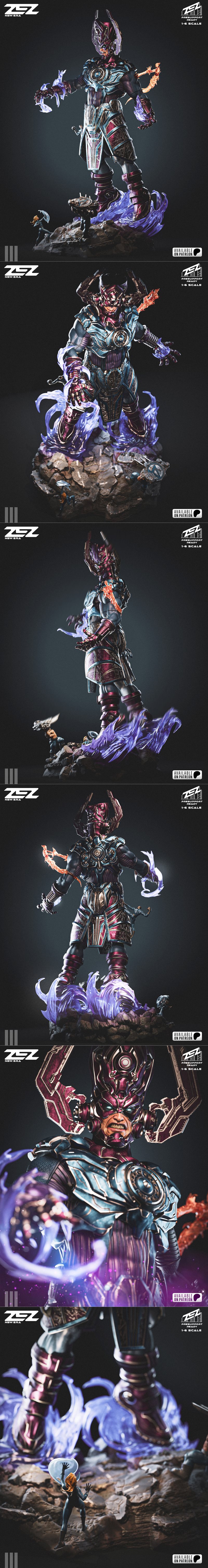 ZEZ Studio 1:6 scale Galactus 3D model figure on a rocky base with The Thing and another hero, surrounded by purple e...
