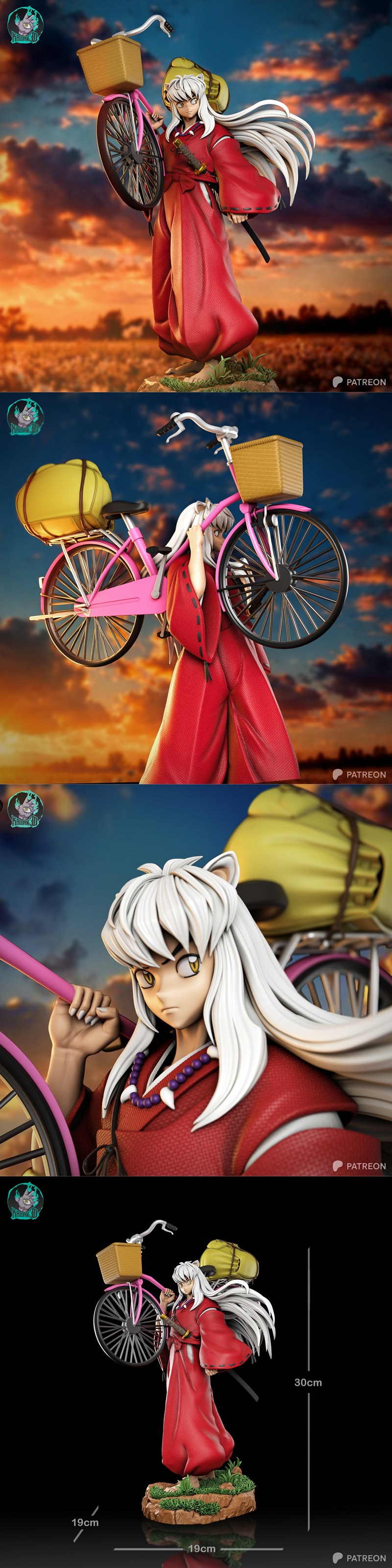 Inuyasha anime character figure standing next to a pink bicycle with a basket and a yellow bag, holding a sword, wear...