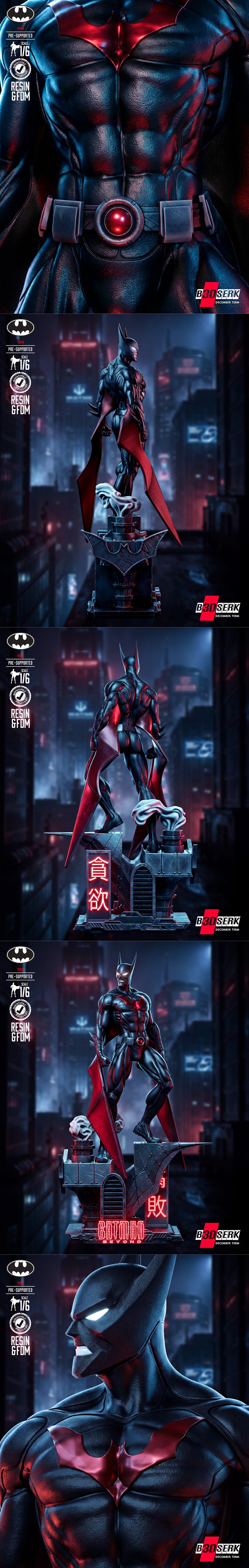 Batman Beyond 1/6 scale sculpture by B3dserk, standing heroically on a cyberpunk diorama base with neon lights and a...