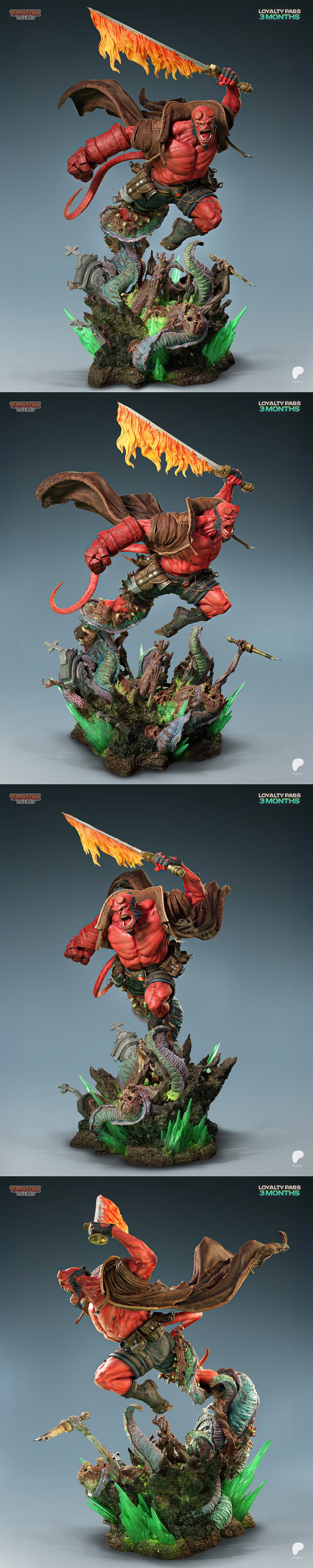 Hellboy figure in a dynamic leaping pose, wielding a flaming sword, standing on a base with monsters and glowing crys...