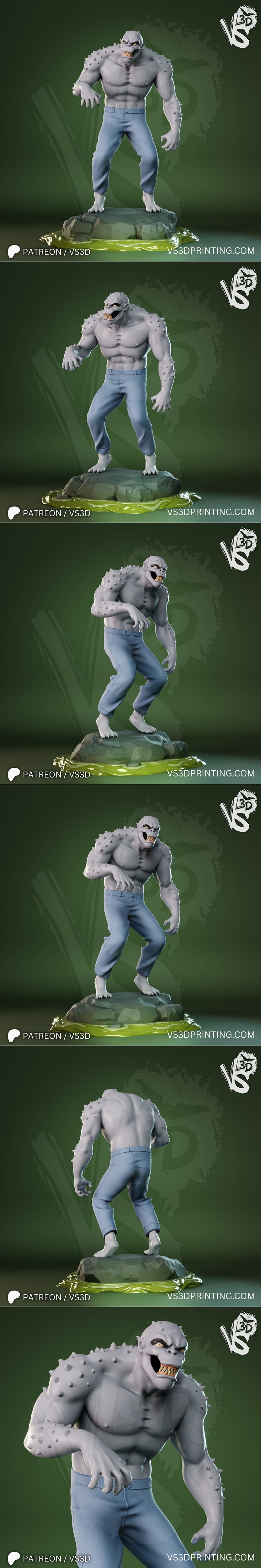 VS3D 3D printable figure of Killer Croc, a muscular reptilian monster with sharp teeth and spikes, wearing blue pants.