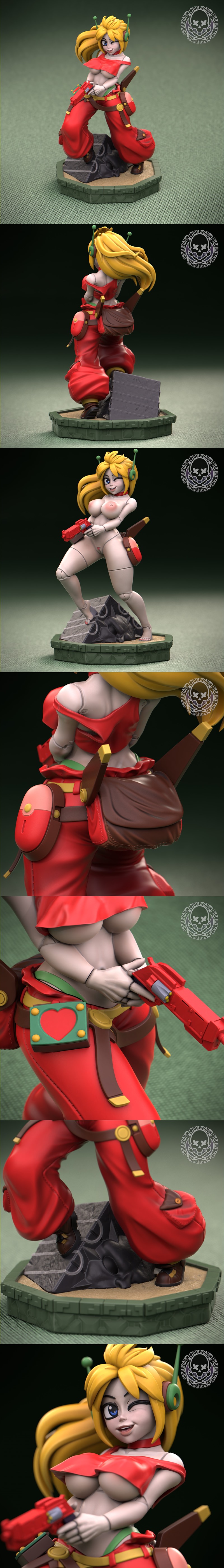 3D model of Robot Curly Brace, a blonde female character in a red outfit holding a pistol, winking.