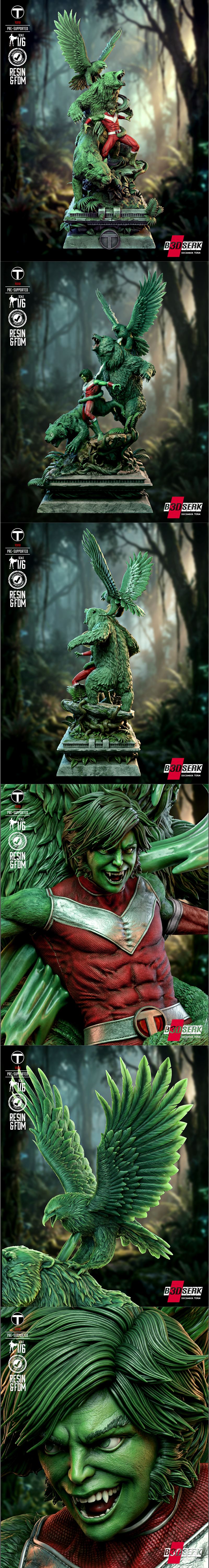 Beast Boy from Teen Titans in a dynamic pose, surrounded by green tiger, bear, and eagle forms. Intricate jungle base...