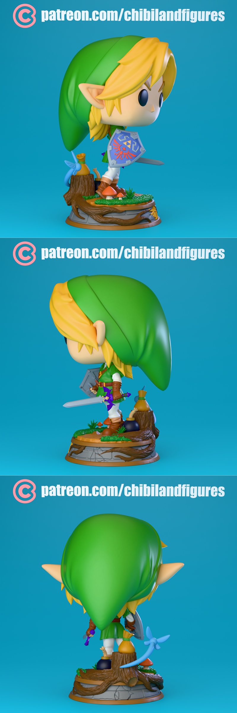 Chibi Link figure from The Legend of Zelda, holding sword and shield, standing on a detailed base with a fairy and mu...