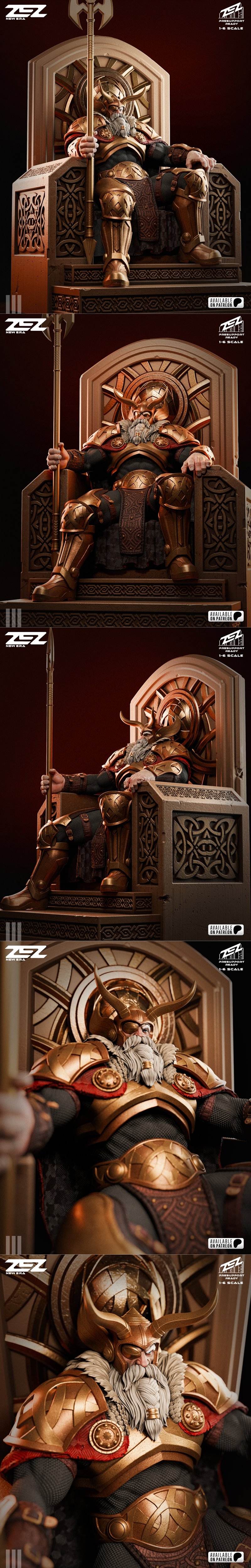 Odin seated on a throne, wearing golden armor, horned helmet, and holding a spear. 1:6 scale 3D model by ZEZ Studio.