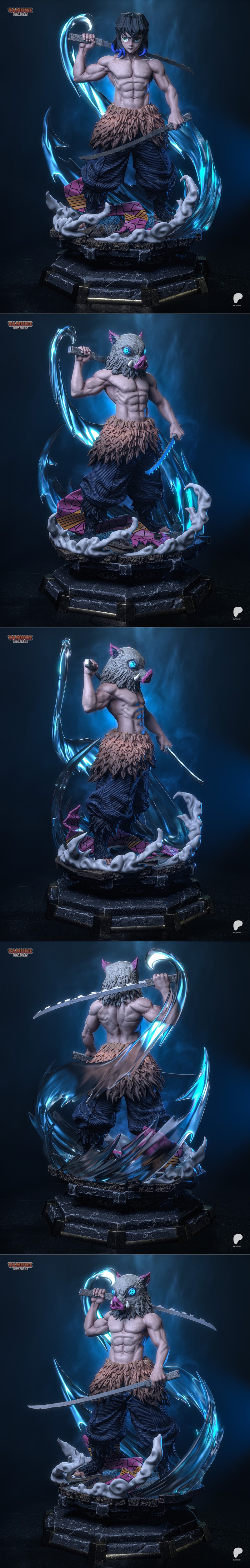 3D model figure of Inosuke Hashibira from Demon Slayer, wearing a boar mask and loincloth, wielding dual swords with...
