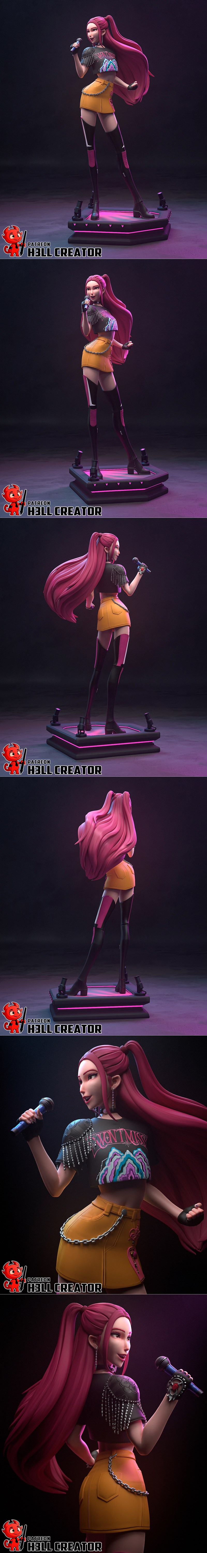 3D model of Mira, a K-pop demon hunter, holding a microphone on stage. She wears a cropped t-shirt, orange skirt with...